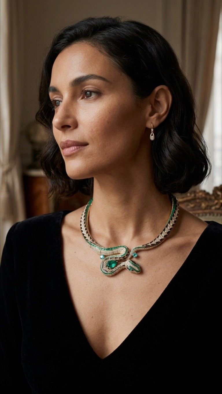 Emerald Serpent Diamond Necklace in 18K Gold | High Jewelry Snake Necklace for Women
