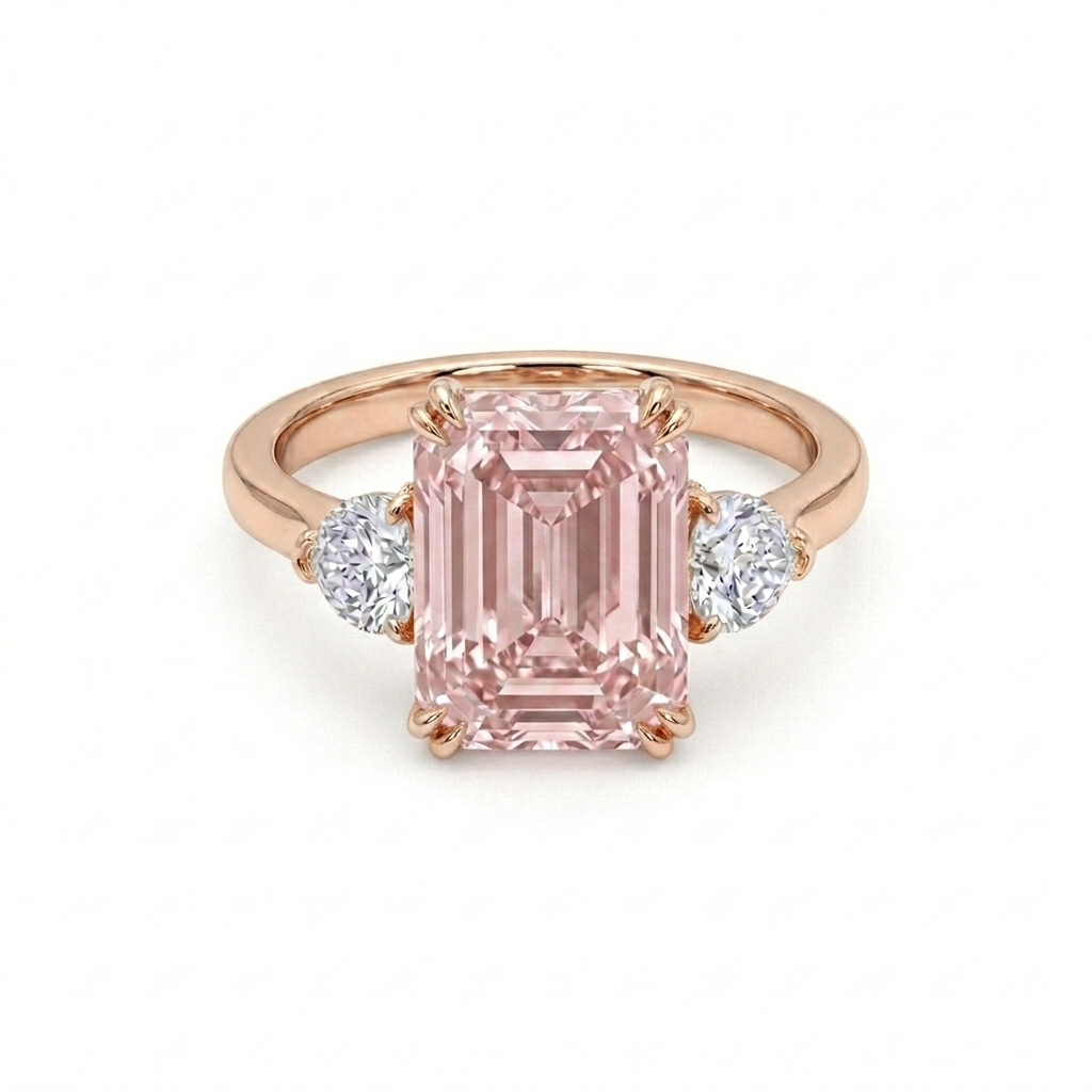 Luxury Emerald Cut Pink Morganite Diamond Ring in Solid Gold