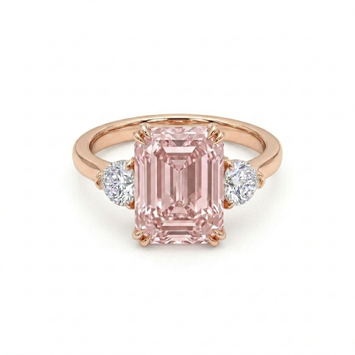 Luxury Emerald Cut Pink Morganite Diamond Ring in Solid Gold