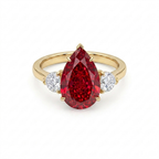 Royal Crimson Pear Ruby Ring with Diamond Side Stones in Solid Gold
