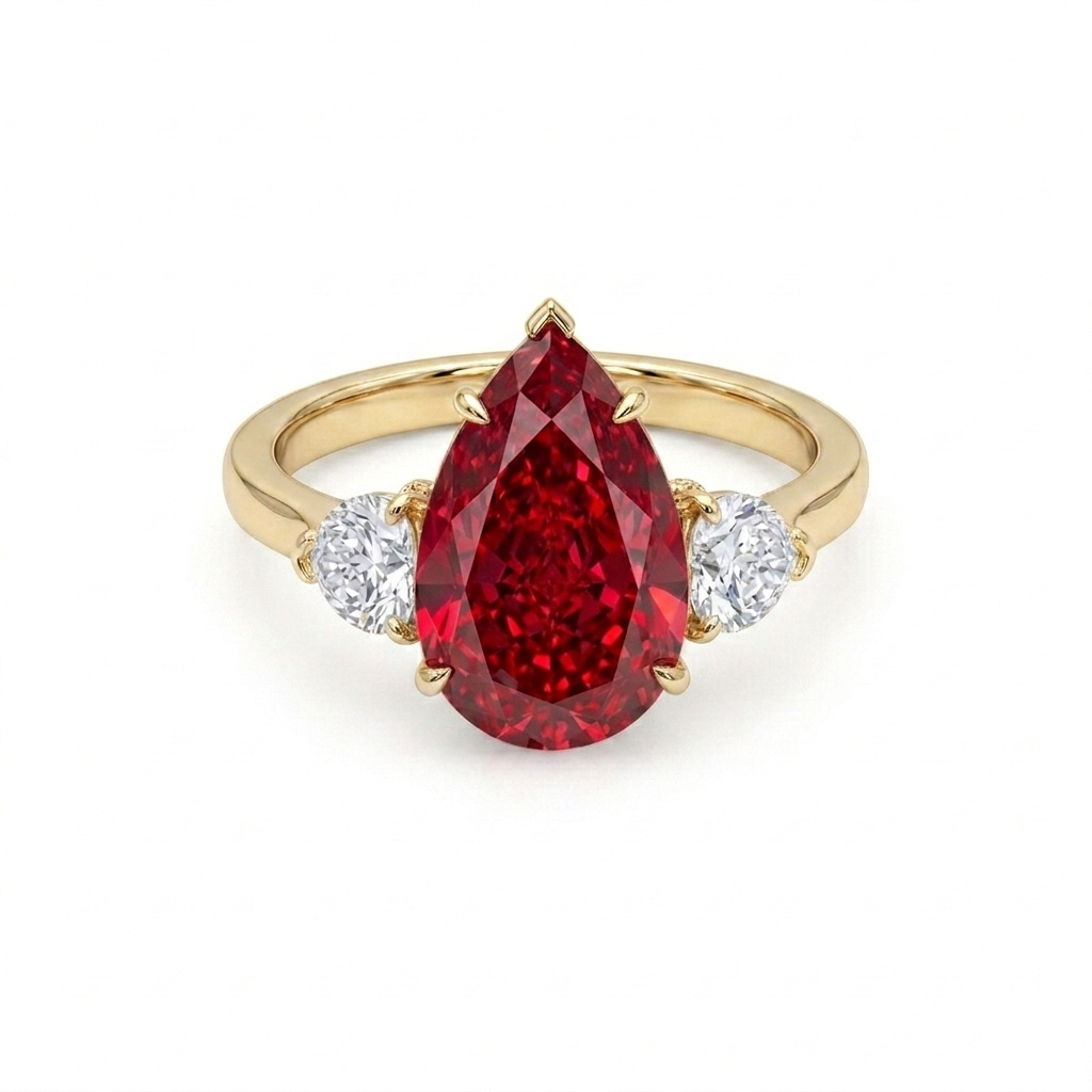 Royal Crimson Pear Ruby Ring with Diamond Side Stones in Solid Gold