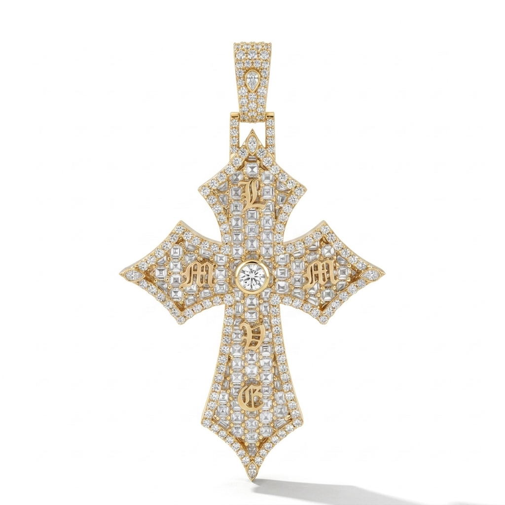 Diamond Gothic Cross Pendant in 18K Gold | Iced Out Designer Cross Necklace for Men
