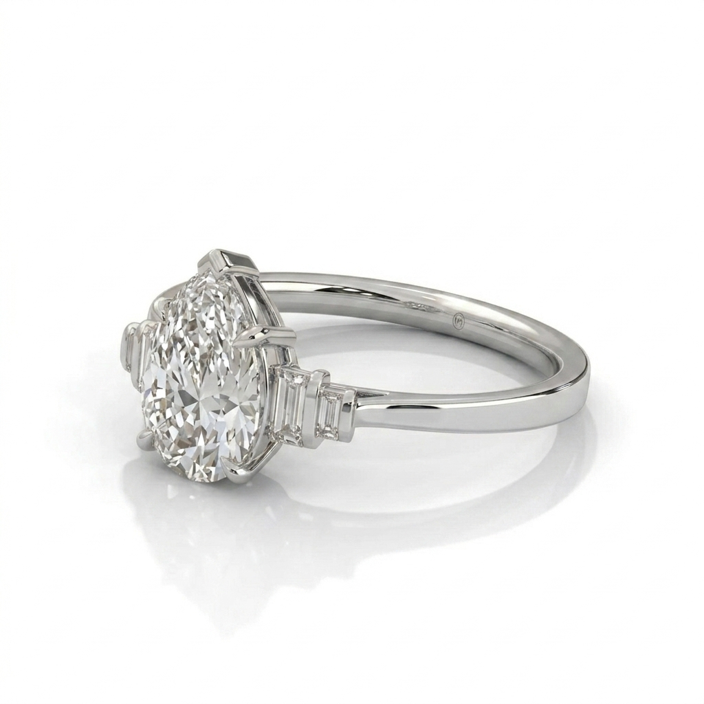Pear Cut Diamond Engagement Ring in Solid Gold with Baguette Side Stones