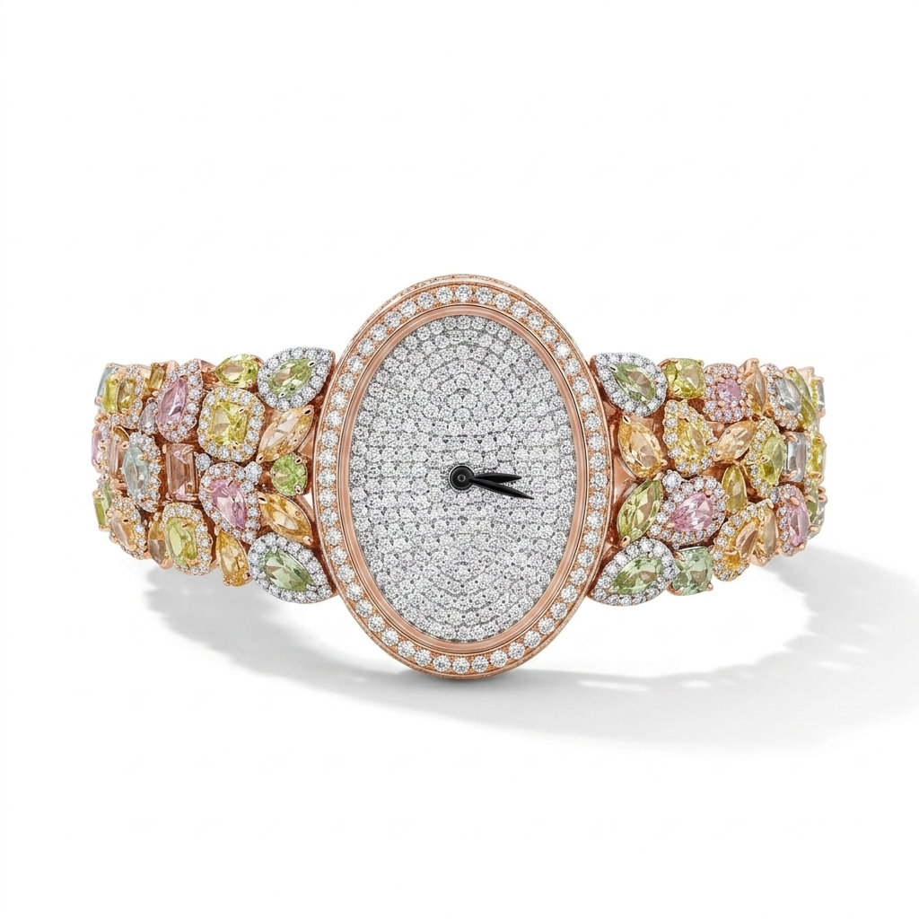 Luxury Oval Diamond Watch with Multicolor Fancy Sapphire & Diamond Bracelet in 10K, 14K & 18K Gold