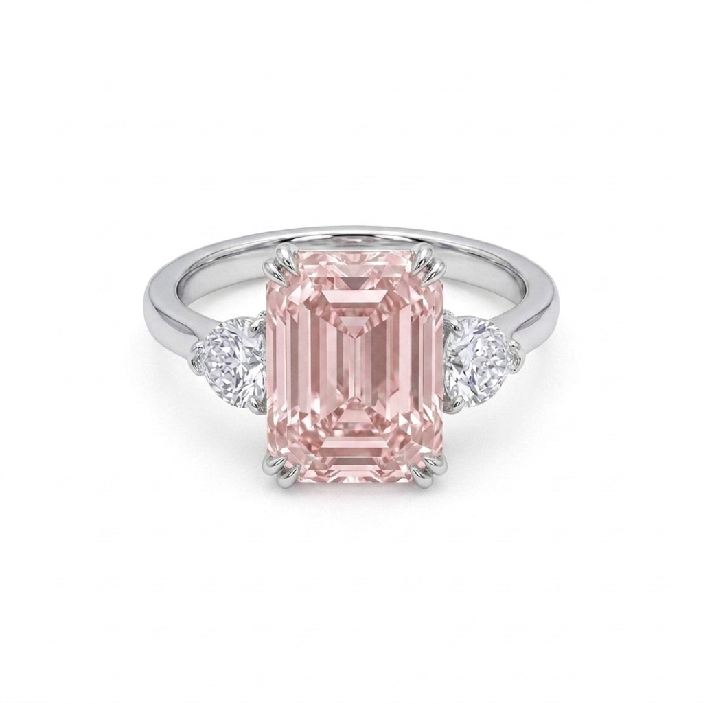 Luxury Emerald Cut Pink Morganite Diamond Ring in Solid Gold