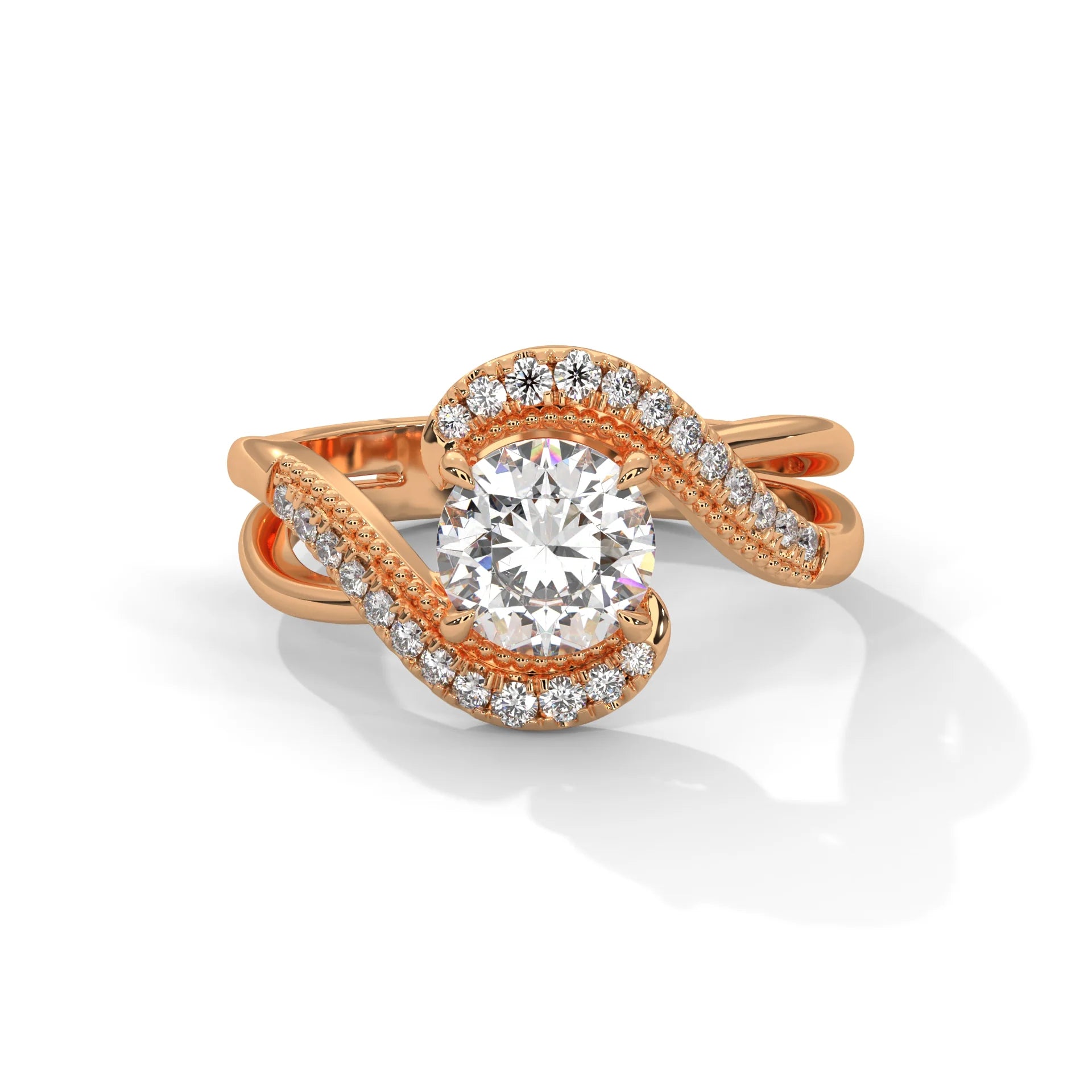 Luxury Swirl Halo Diamond Engagement Ring – Twisted Pave Band Bridal Ring