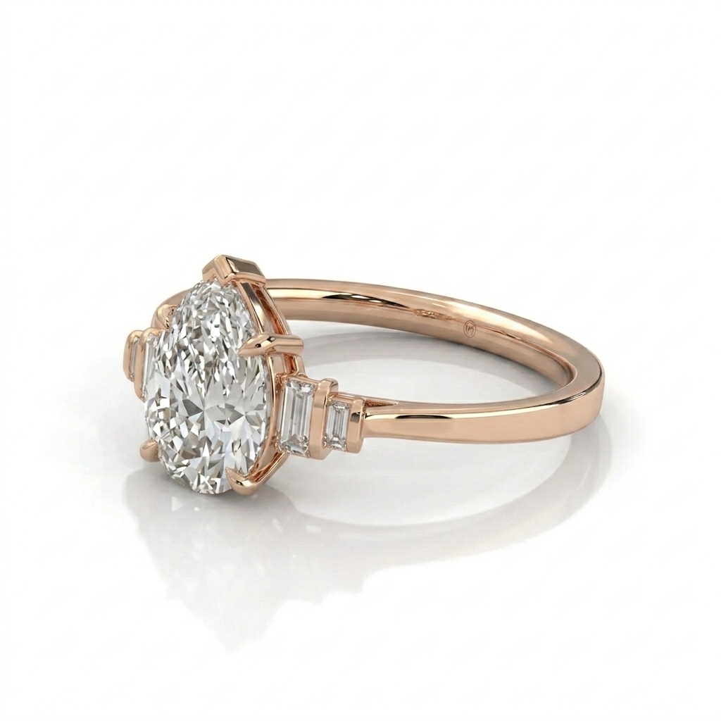 Pear Cut Diamond Engagement Ring in Solid Gold with Baguette Side Stones
