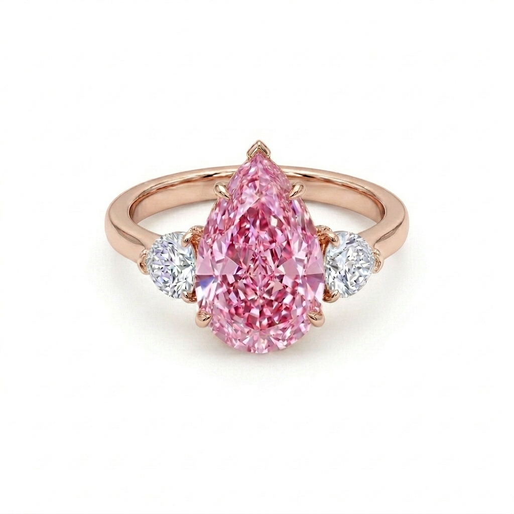 Fancy Pink Pear Cut Diamond Engagement Ring in 18K Gold | Three Stone Pink Diamond Ring