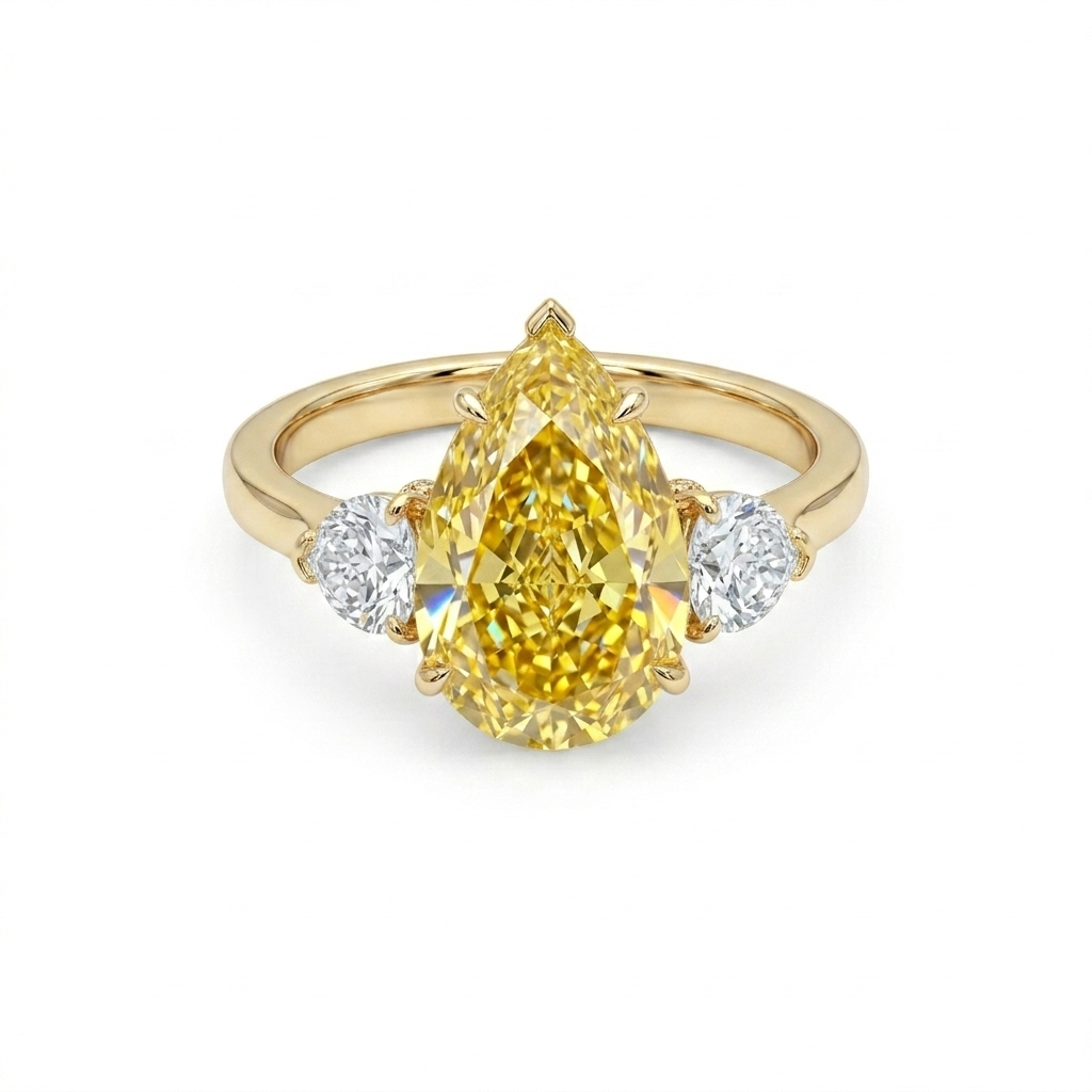 Fancy Yellow Pear Cut Diamond Engagement Ring in 18K Gold | Three Stone Yellow Diamond Ring