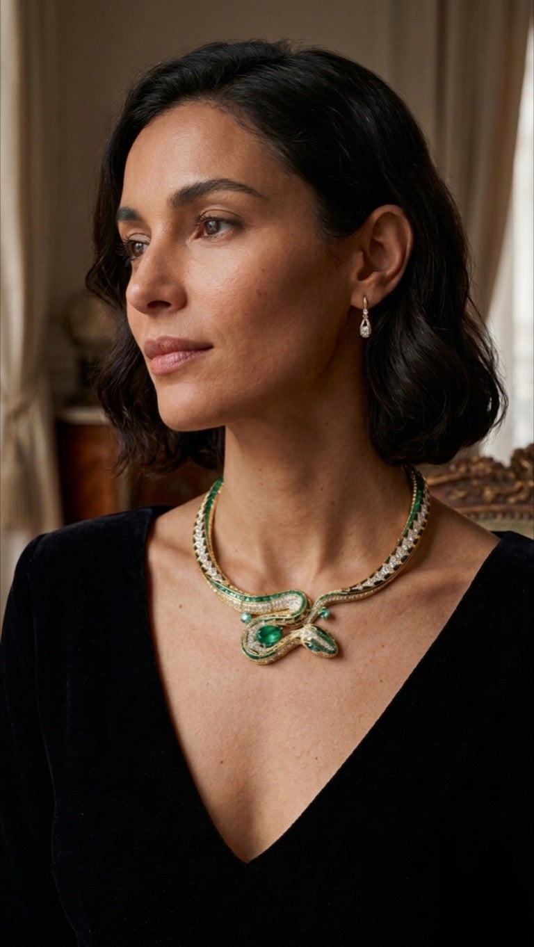 Emerald Serpent Diamond Necklace in 18K Gold | High Jewelry Snake Necklace for Women