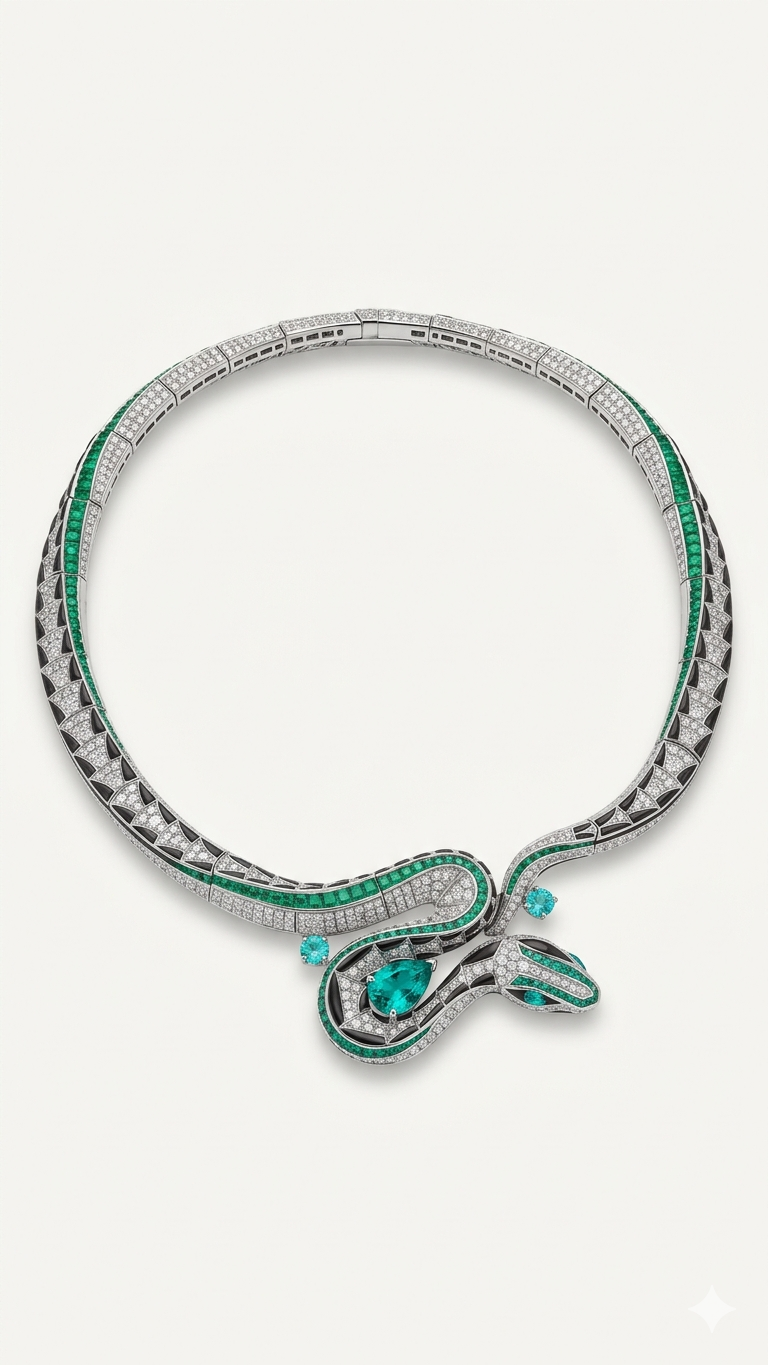 Emerald Serpent Diamond Necklace in 18K Gold | High Jewelry Snake Necklace for Women