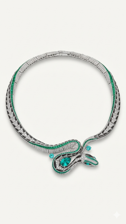 Emerald Serpent Diamond Necklace in 18K Gold | High Jewelry Snake Necklace for Women