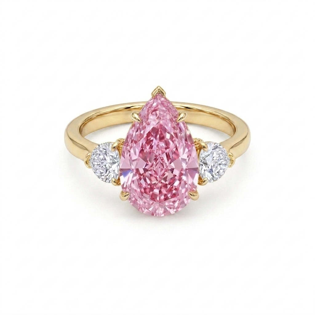 Fancy Pink Pear Cut Diamond Engagement Ring in 18K Gold | Three Stone Pink Diamond Ring