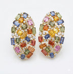 Rainbow Sapphire Diamond Statement Earrings in 18K Gold | Multi Color Gemstone Cocktail Earrings