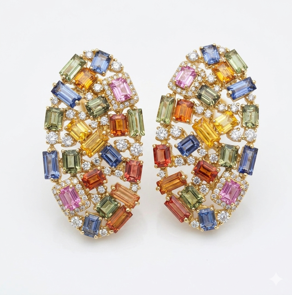 Rainbow Sapphire Diamond Statement Earrings in 18K Gold | Multi Color Gemstone Cocktail Earrings