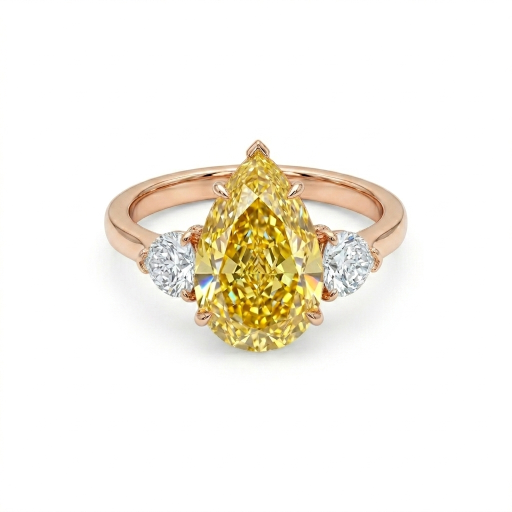 Fancy Yellow Pear Cut Diamond Engagement Ring in 18K Gold | Three Stone Yellow Diamond Ring