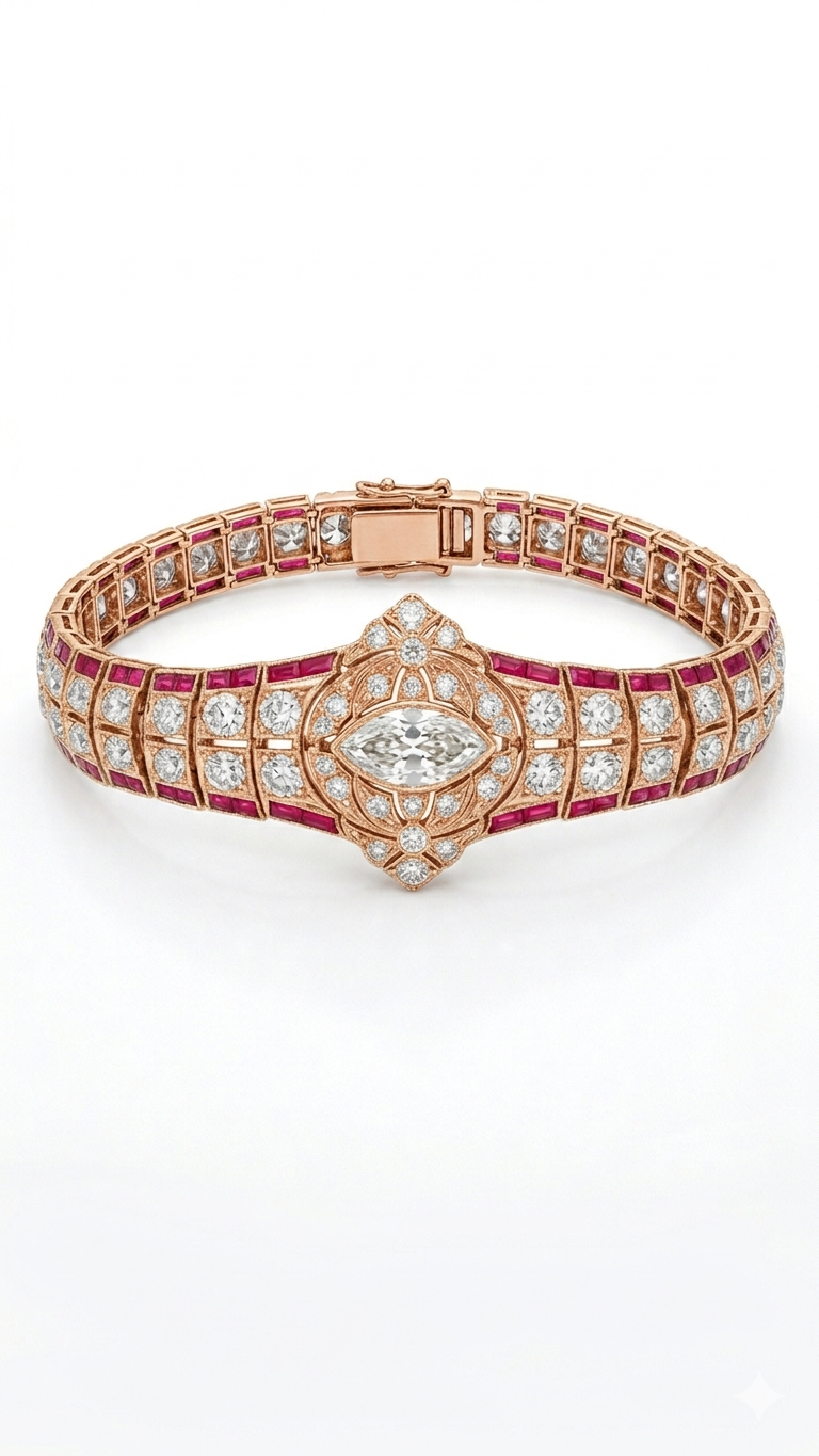 Ruby Diamond Bracelet in 18K Gold | Designer Marquise Diamond Statement Bracelet