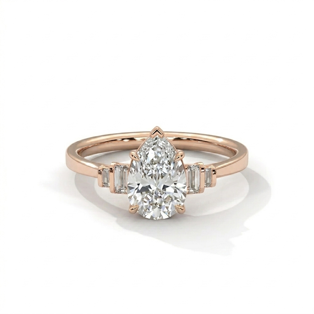Pear Cut Diamond Engagement Ring in Solid Gold with Baguette Side Stones