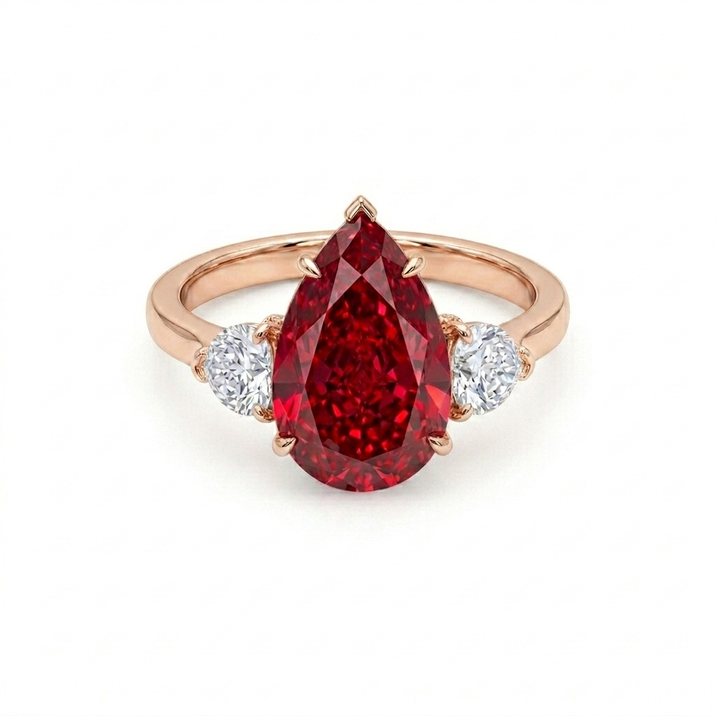 Royal Crimson Pear Ruby Ring with Diamond Side Stones in Solid Gold