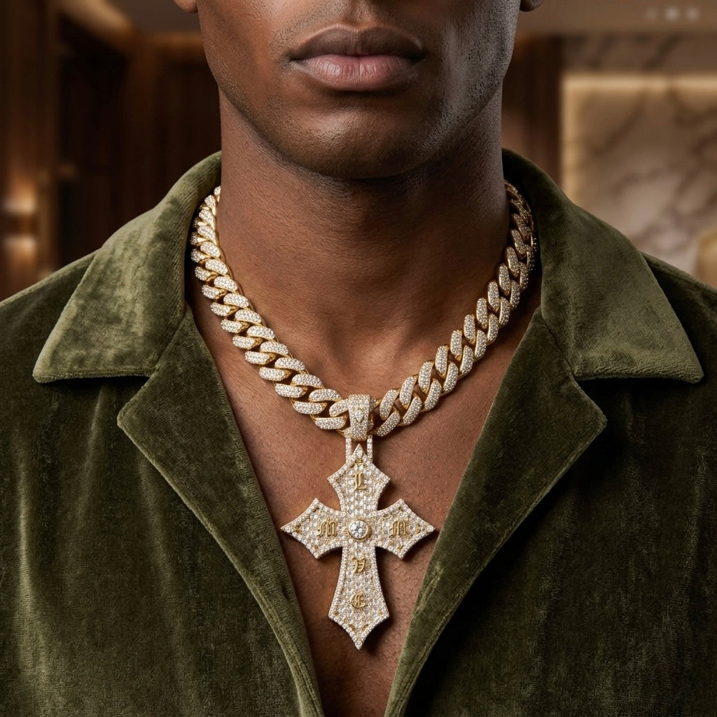 Diamond Gothic Cross Pendant in 18K Gold | Iced Out Designer Cross Necklace for Men