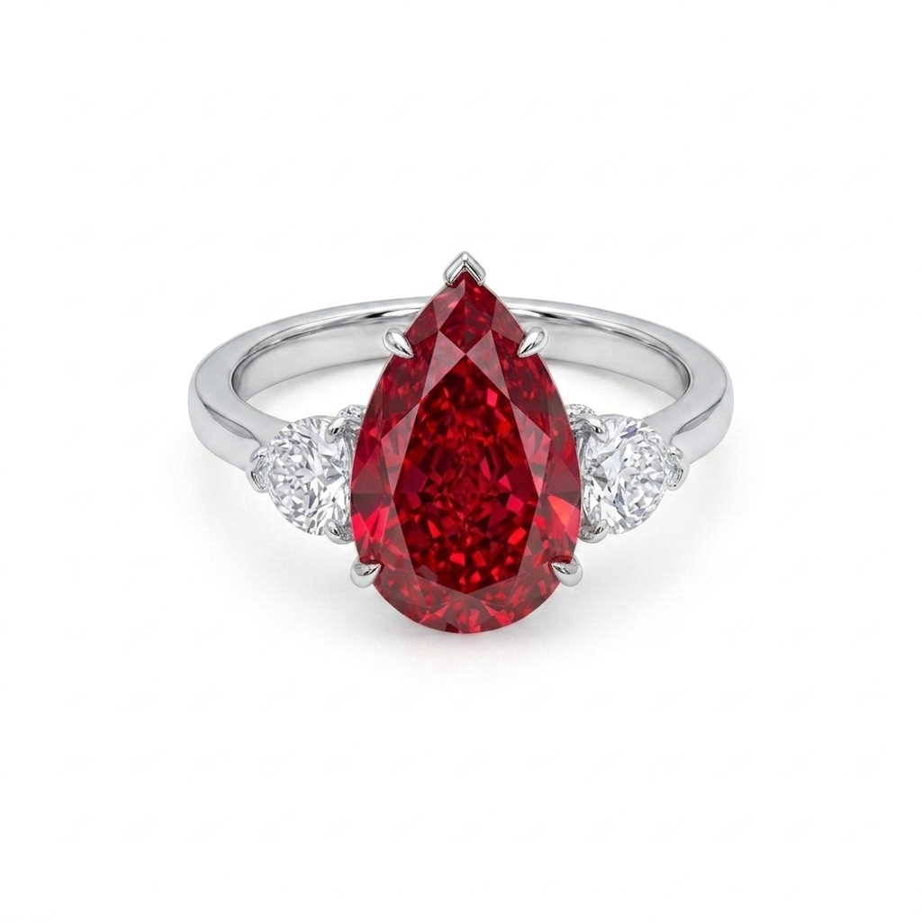 Royal Crimson Pear Ruby Ring with Diamond Side Stones in Solid Gold