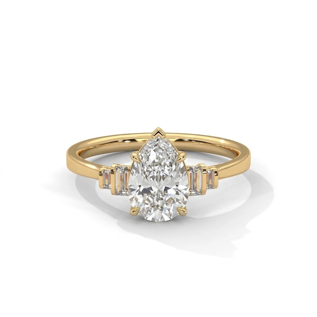 Pear Cut Diamond Engagement Ring in Solid Gold with Baguette Side Stones