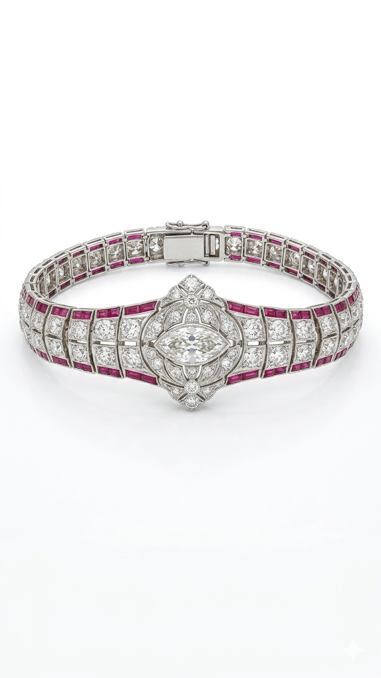 Ruby Diamond Bracelet in 18K Gold | Designer Marquise Diamond Statement Bracelet