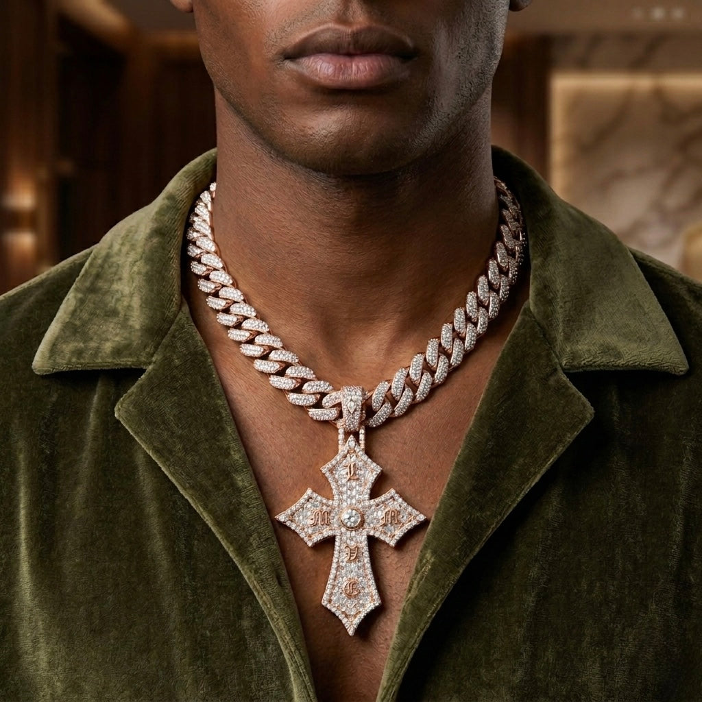 Diamond Gothic Cross Pendant in 18K Gold | Iced Out Designer Cross Necklace for Men