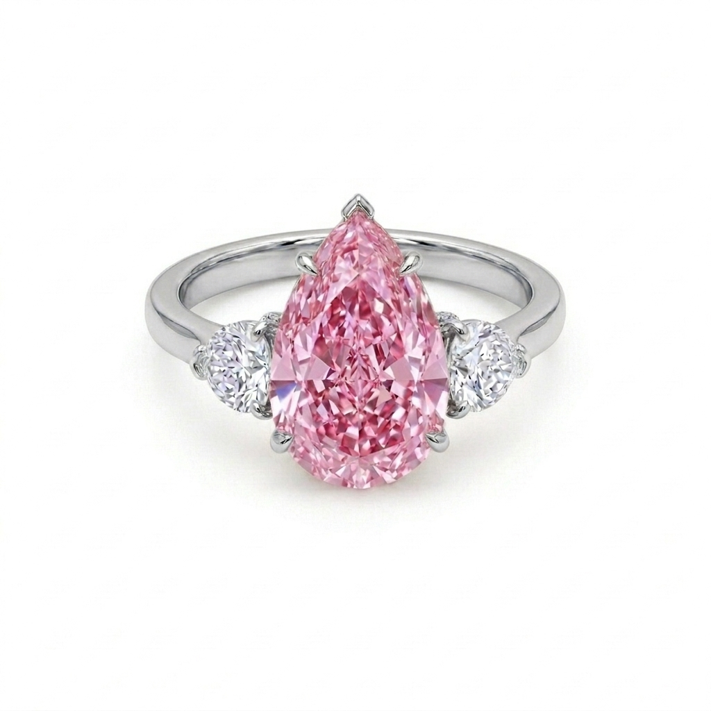 Fancy Pink Pear Cut Diamond Engagement Ring in 18K Gold | Three Stone Pink Diamond Ring