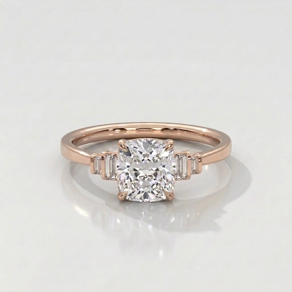 Cushion Cut Diamond Engagement Ring in Solid Gold with Baguette Side Stones