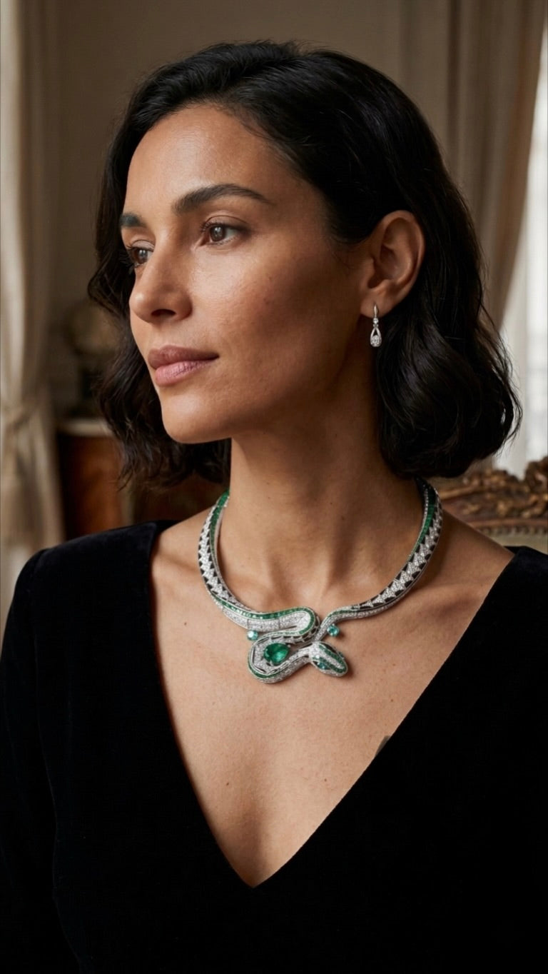 Emerald Serpent Diamond Necklace in 18K Gold | High Jewelry Snake Necklace for Women