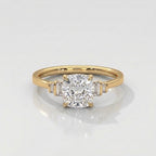 Cushion Cut Diamond Engagement Ring in Solid Gold with Baguette Side Stones