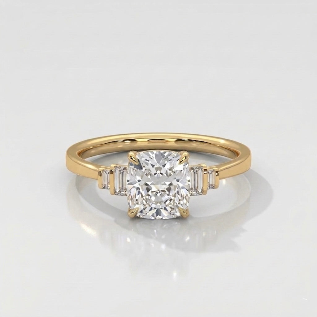 Cushion Cut Diamond Engagement Ring in Solid Gold with Baguette Side Stones