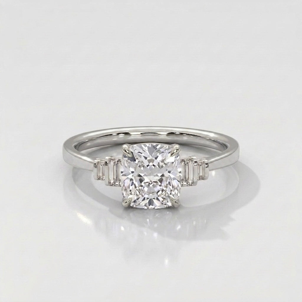 Cushion Cut Diamond Engagement Ring in Solid Gold with Baguette Side Stones
