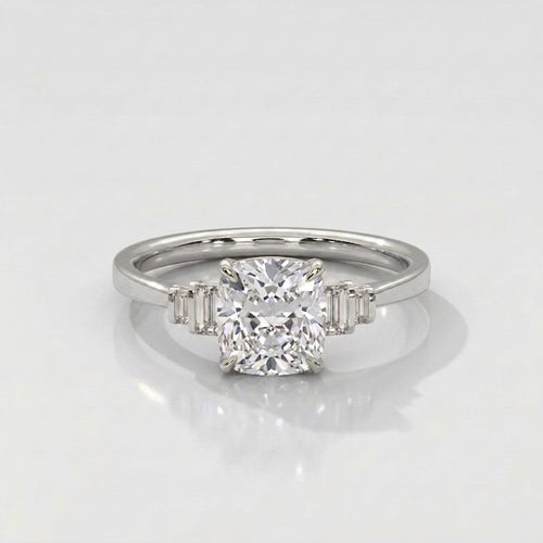 Cushion Cut Diamond Engagement Ring in Solid Gold with Baguette Side Stones