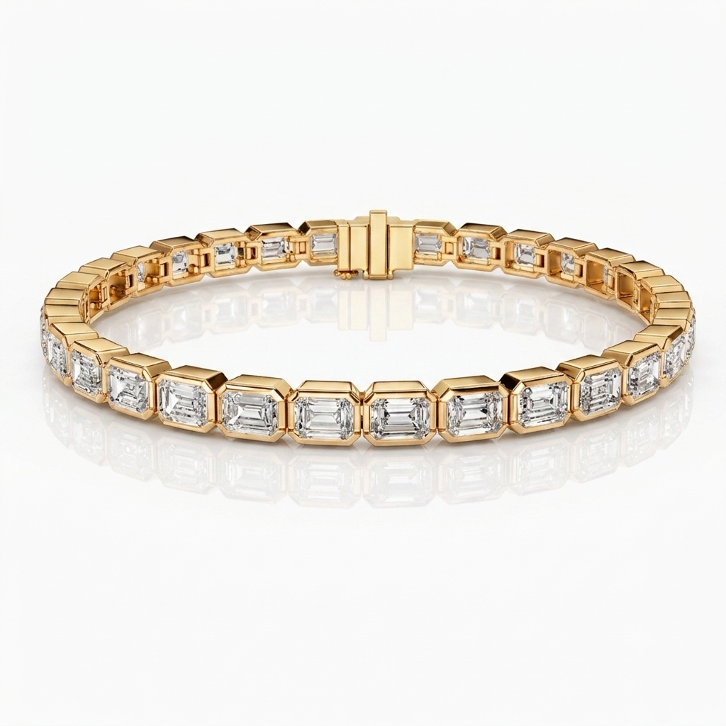 Natural Emerald Cut Diamond Tennis Bracelet in Solid 14K Yellow Gold
