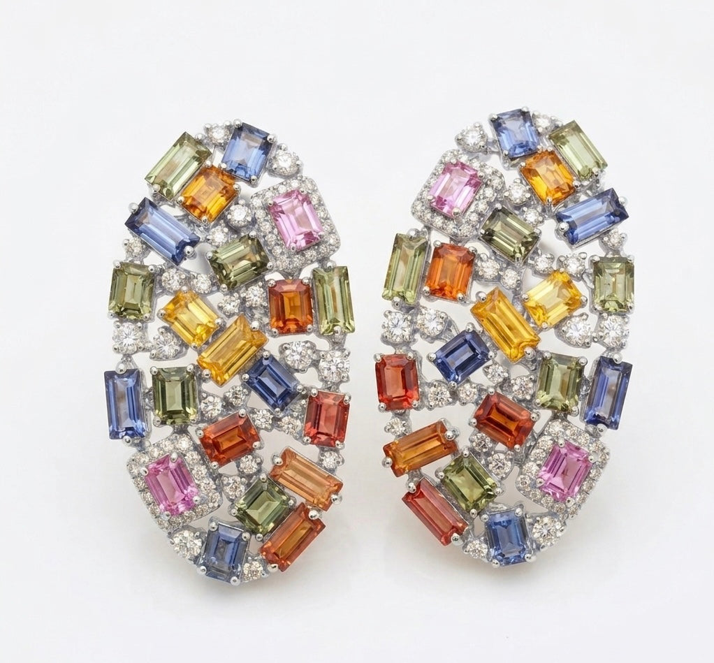 Rainbow Sapphire Diamond Statement Earrings in 18K Gold | Multi Color Gemstone Cocktail Earrings