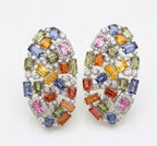 Rainbow Sapphire Diamond Statement Earrings in 18K Gold | Multi Color Gemstone Cocktail Earrings