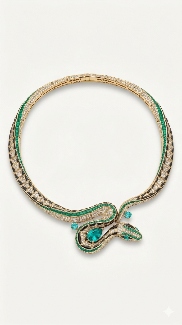 Emerald Serpent Diamond Necklace in 18K Gold | High Jewelry Snake Necklace for Women