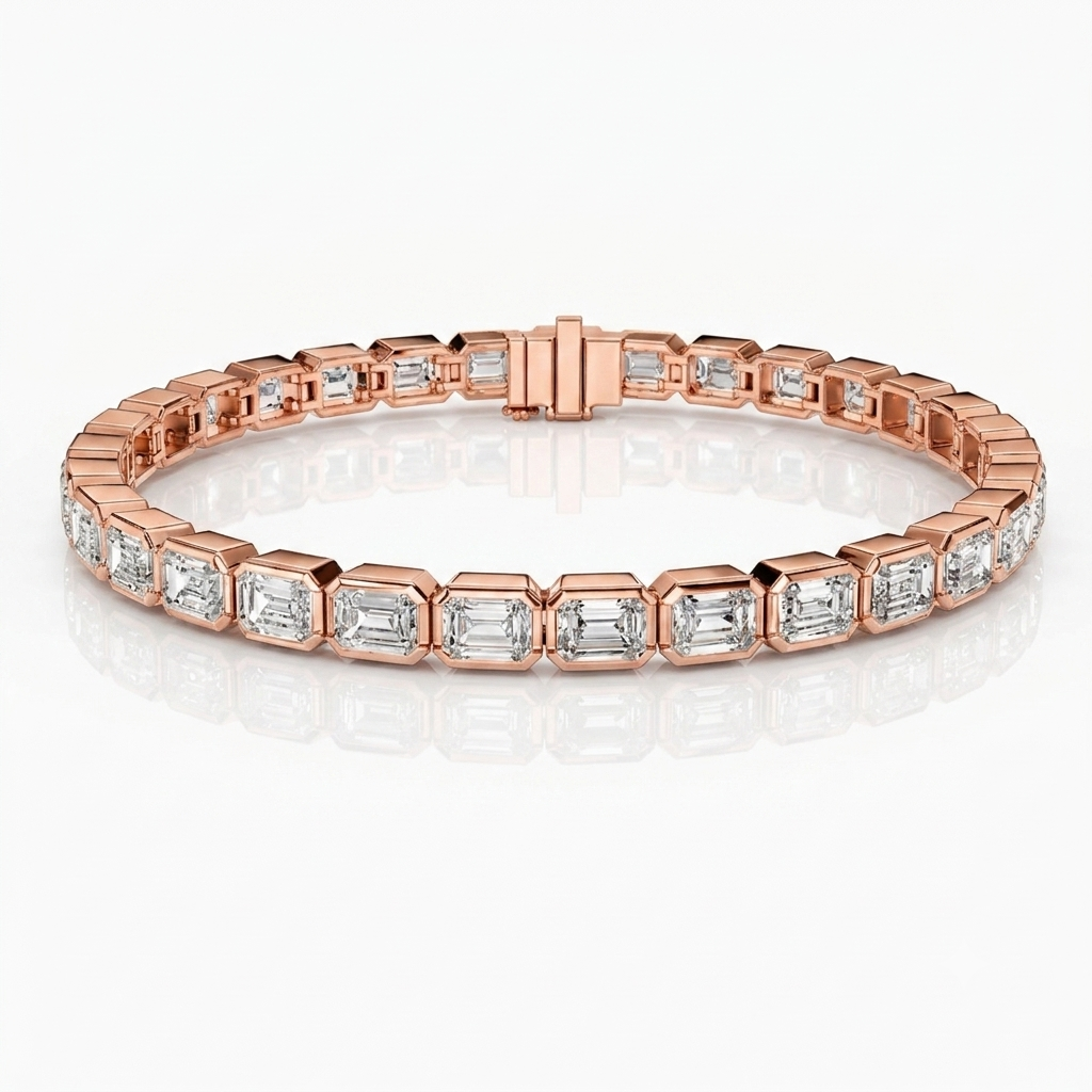 Natural Emerald Cut Diamond Tennis Bracelet in Solid 14K Yellow Gold