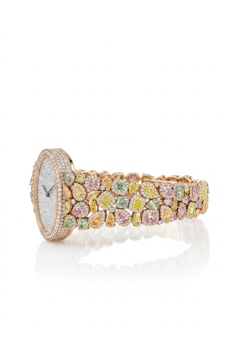 Luxury Oval Diamond Watch with Multicolor Fancy Sapphire & Diamond Bracelet in 10K, 14K & 18K Gold