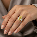 Fancy Yellow Pear Cut Diamond Engagement Ring in 18K Gold | Three Stone Yellow Diamond Ring