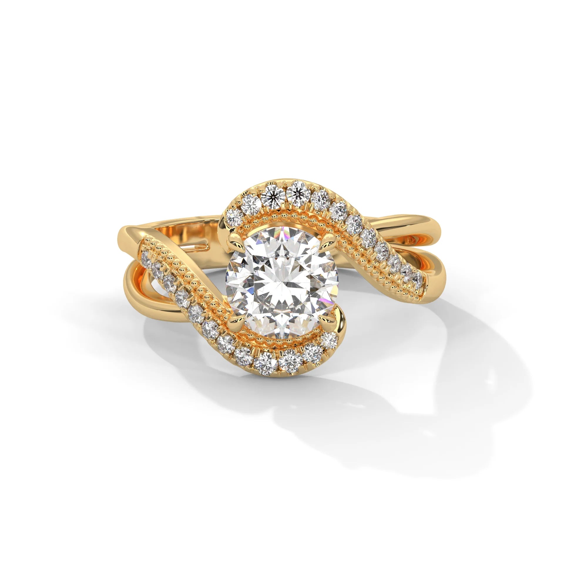 Luxury Swirl Halo Diamond Engagement Ring – Twisted Pave Band Bridal Ring