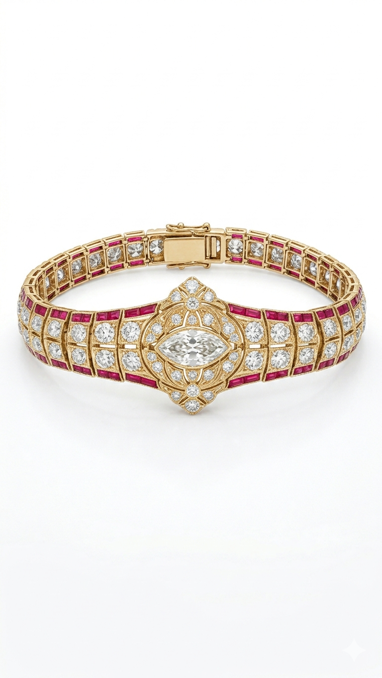 Ruby Diamond Bracelet in 18K Gold | Designer Marquise Diamond Statement Bracelet