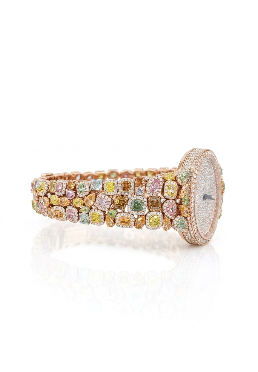 Luxury Oval Diamond Watch with Multicolor Fancy Sapphire & Diamond Bracelet in 10K, 14K & 18K Gold