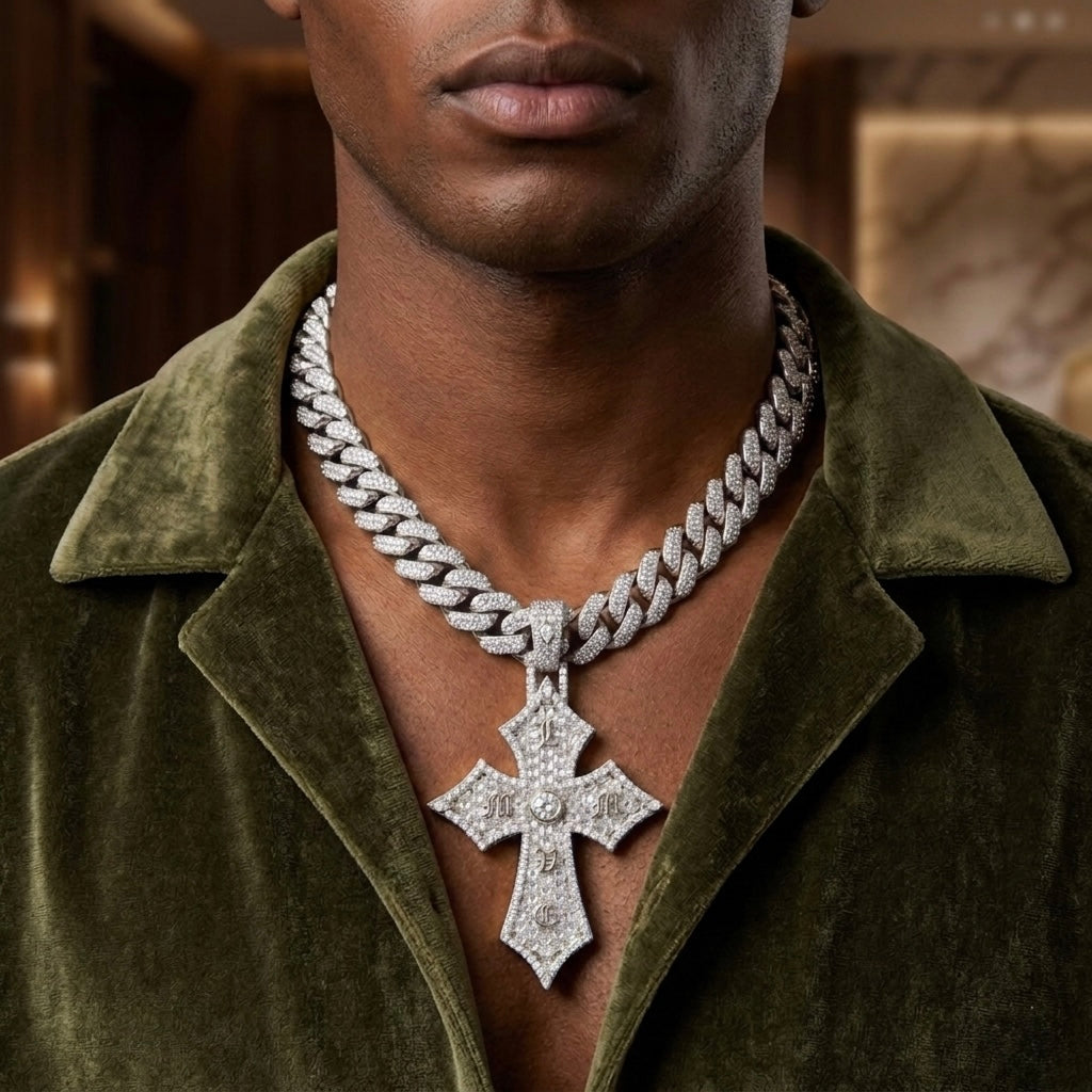 Diamond Gothic Cross Pendant in 18K Gold | Iced Out Designer Cross Necklace for Men