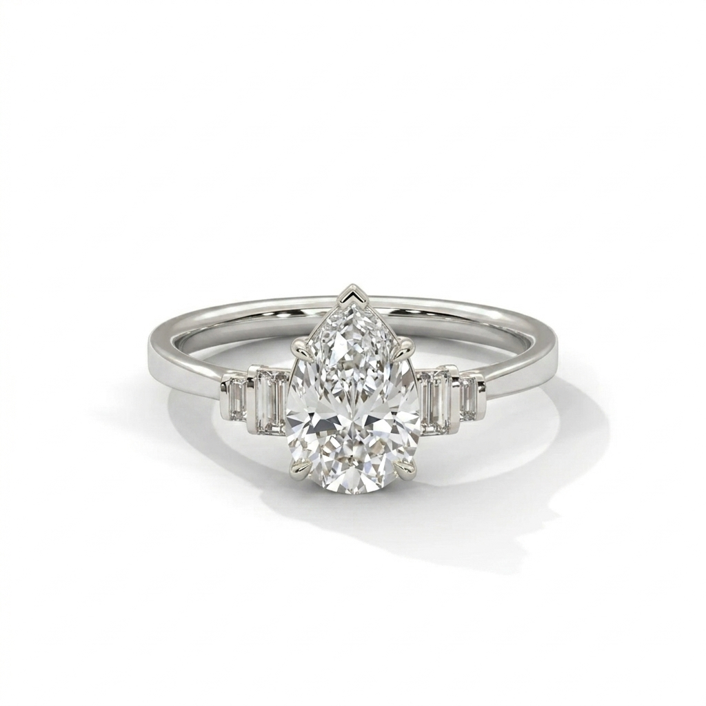 Pear Cut Diamond Engagement Ring in Solid Gold with Baguette Side Stones