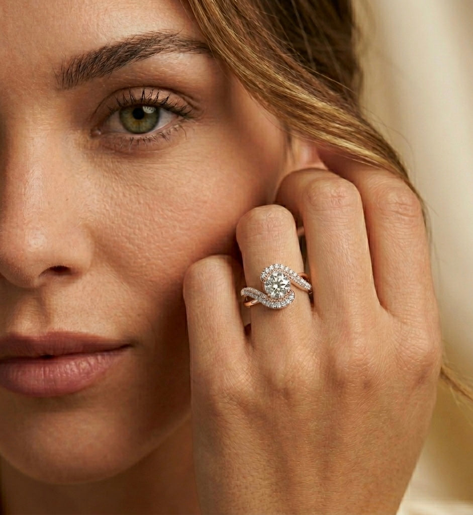 Luxury Swirl Halo Diamond Engagement Ring – Twisted Pave Band Bridal Ring