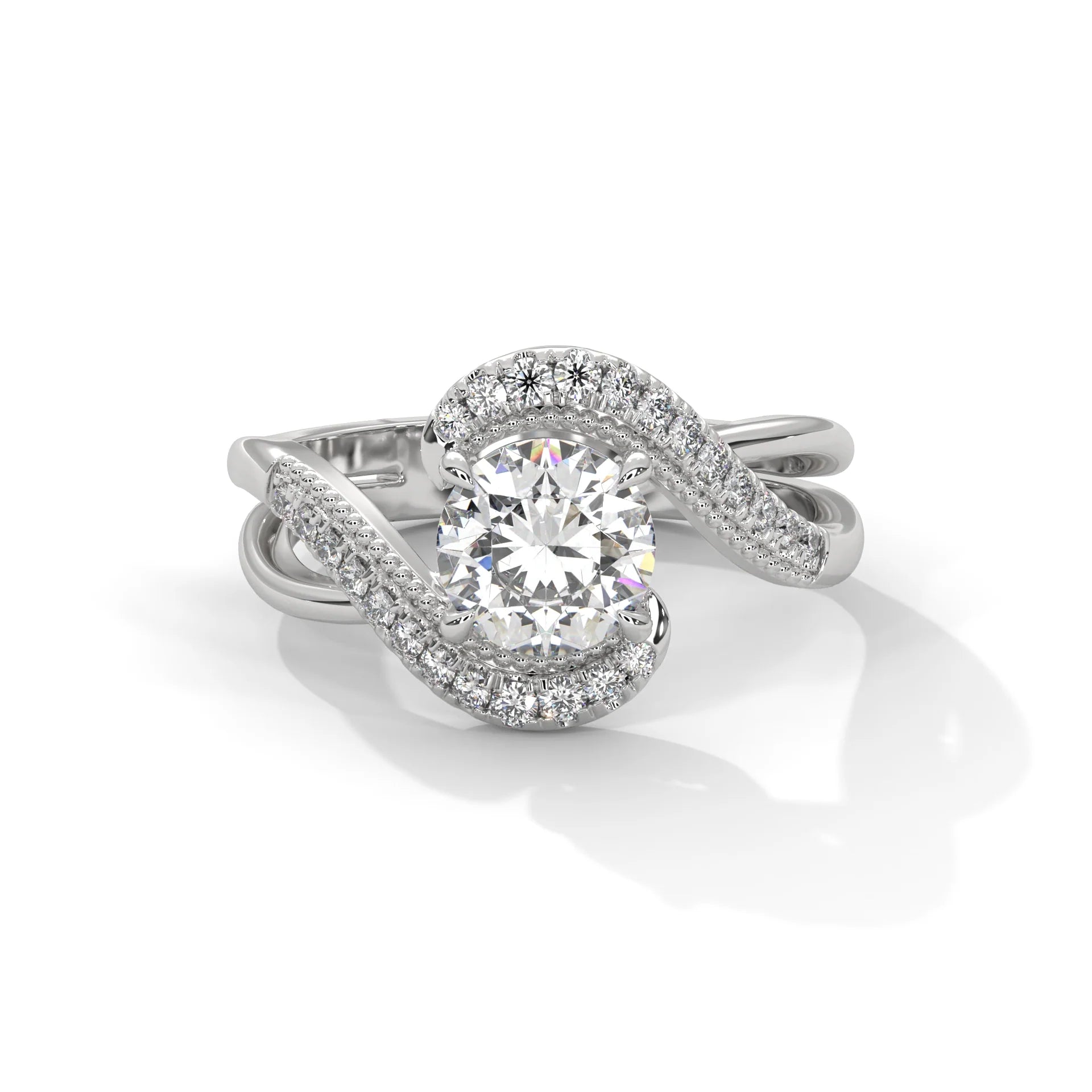 Luxury Swirl Halo Diamond Engagement Ring – Twisted Pave Band Bridal Ring
