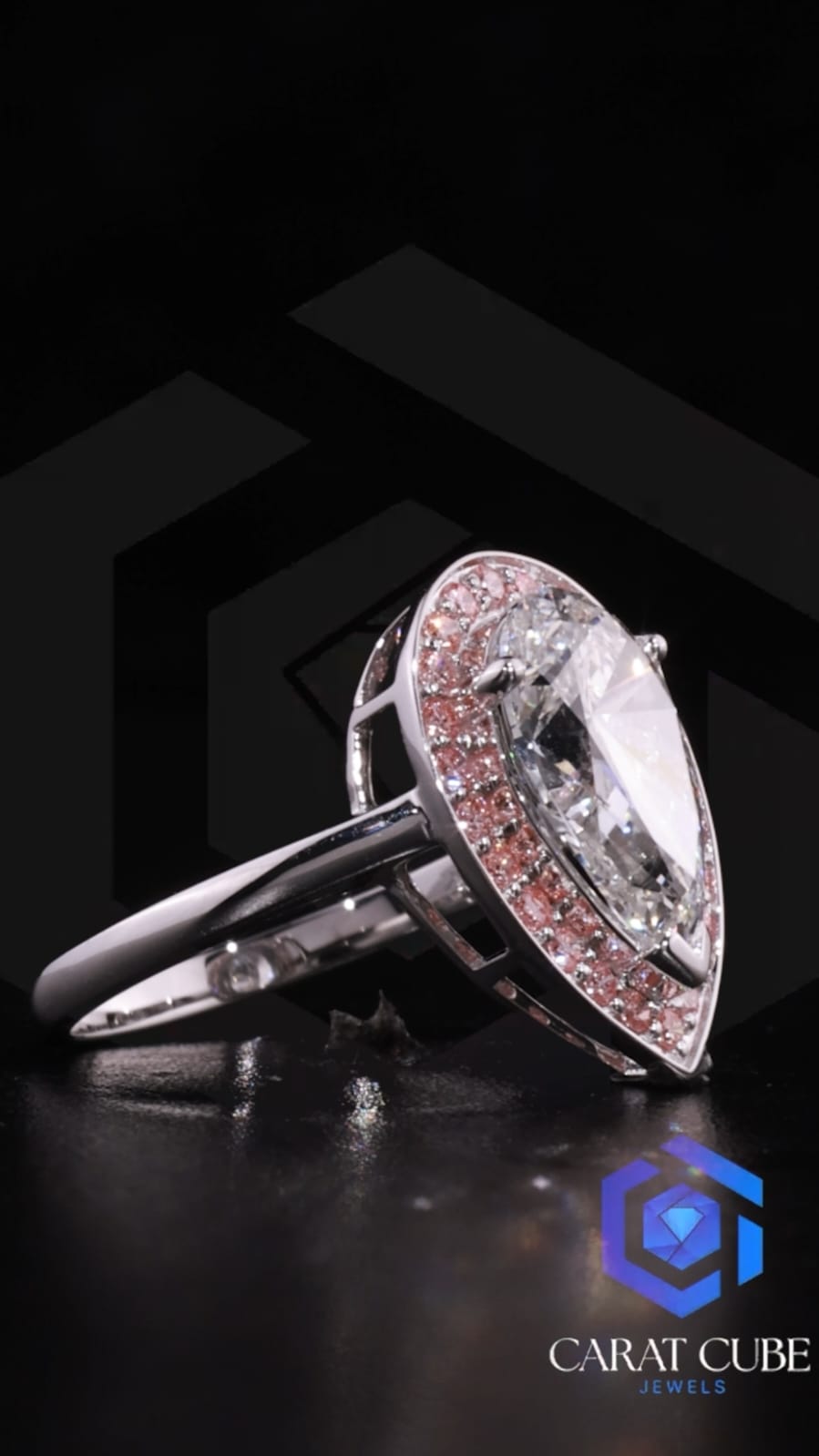 Celeste Tear Drop Diamond Ring with Pink Halo